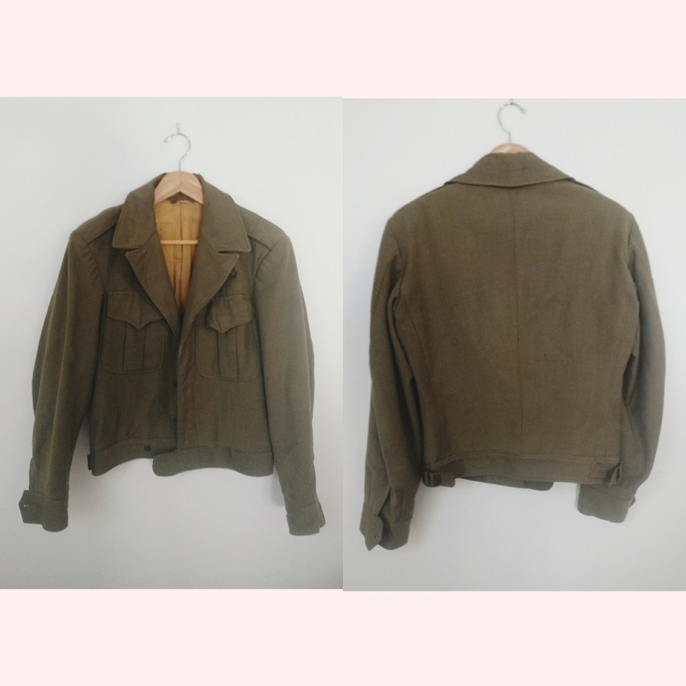 Vintage Wool Green Military Jacket Cropped Waist
